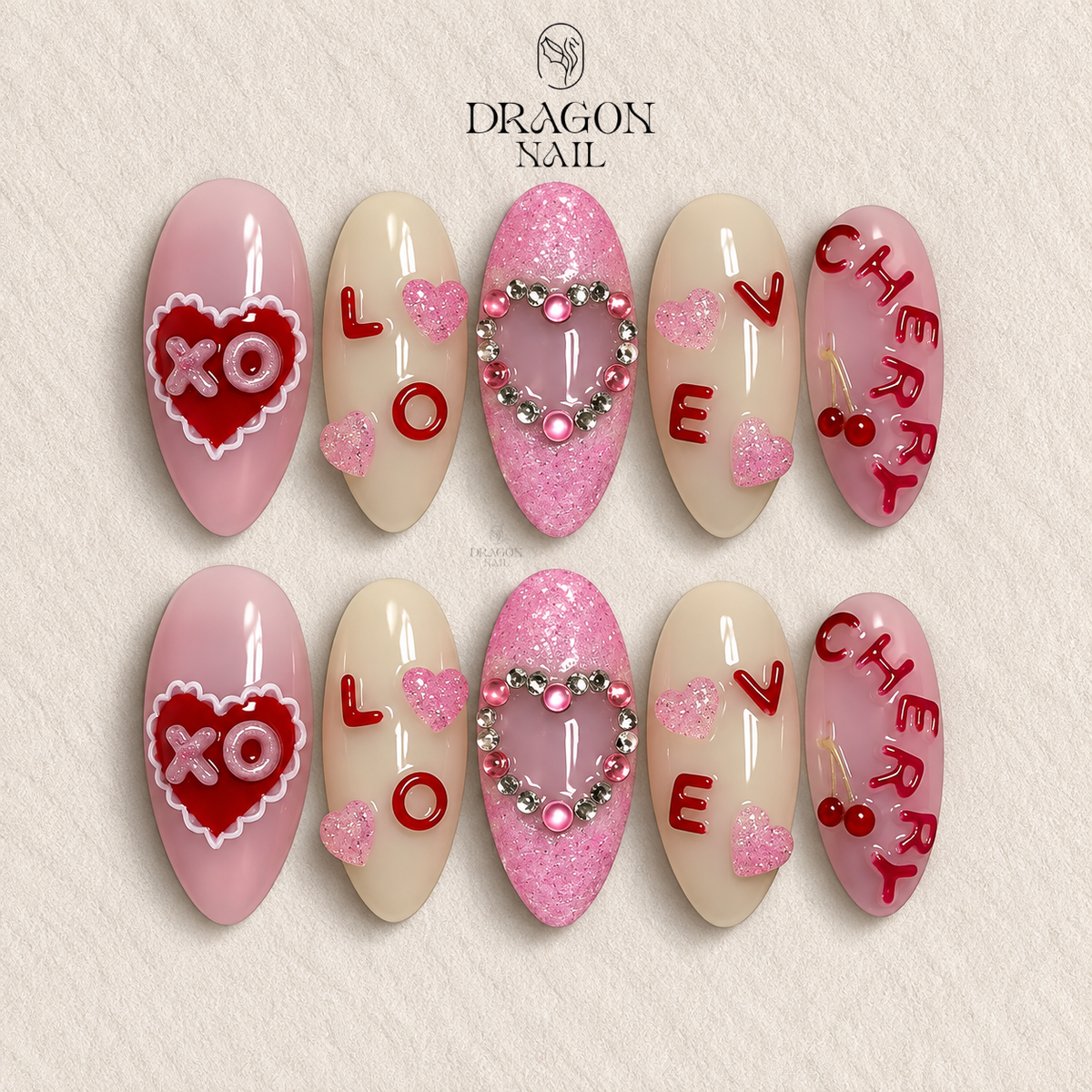Valentine Nails, Pink Glitter XO & 3D Jelly Heart Press-On Set, Limited Edition