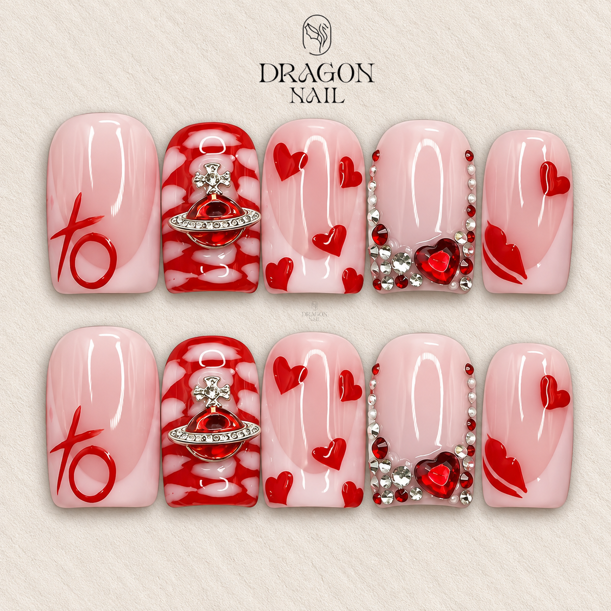 Valentine Nails, Pink XO Heart Press-On Set With Crystal Charms, Limited Edition