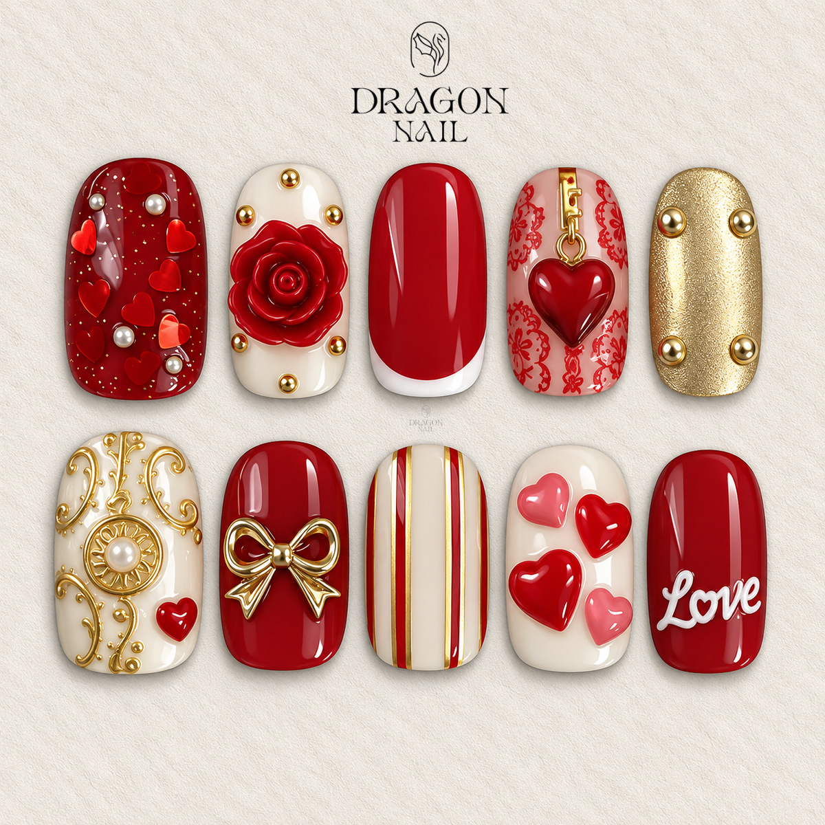 Valentine Nails, Red 3D Rose & Gold Bow Accent Press-On Set With Heart Charms, Limited Edition