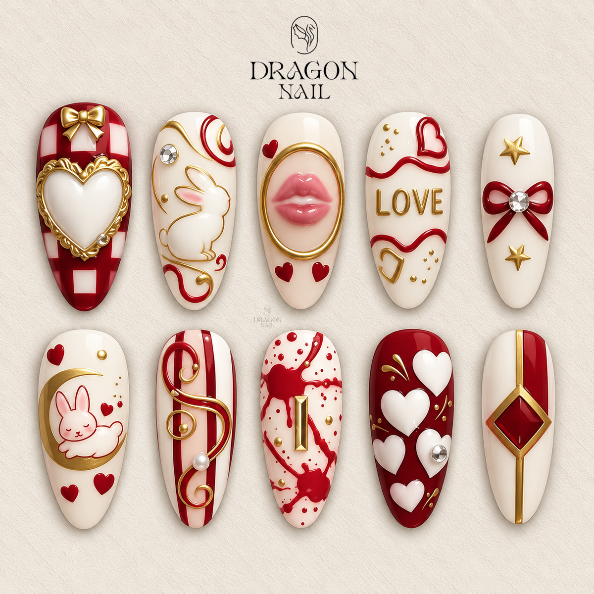 Valentine Nails, Red & White Bunny Love Press-On Set With Gold Accents, Limited Edition