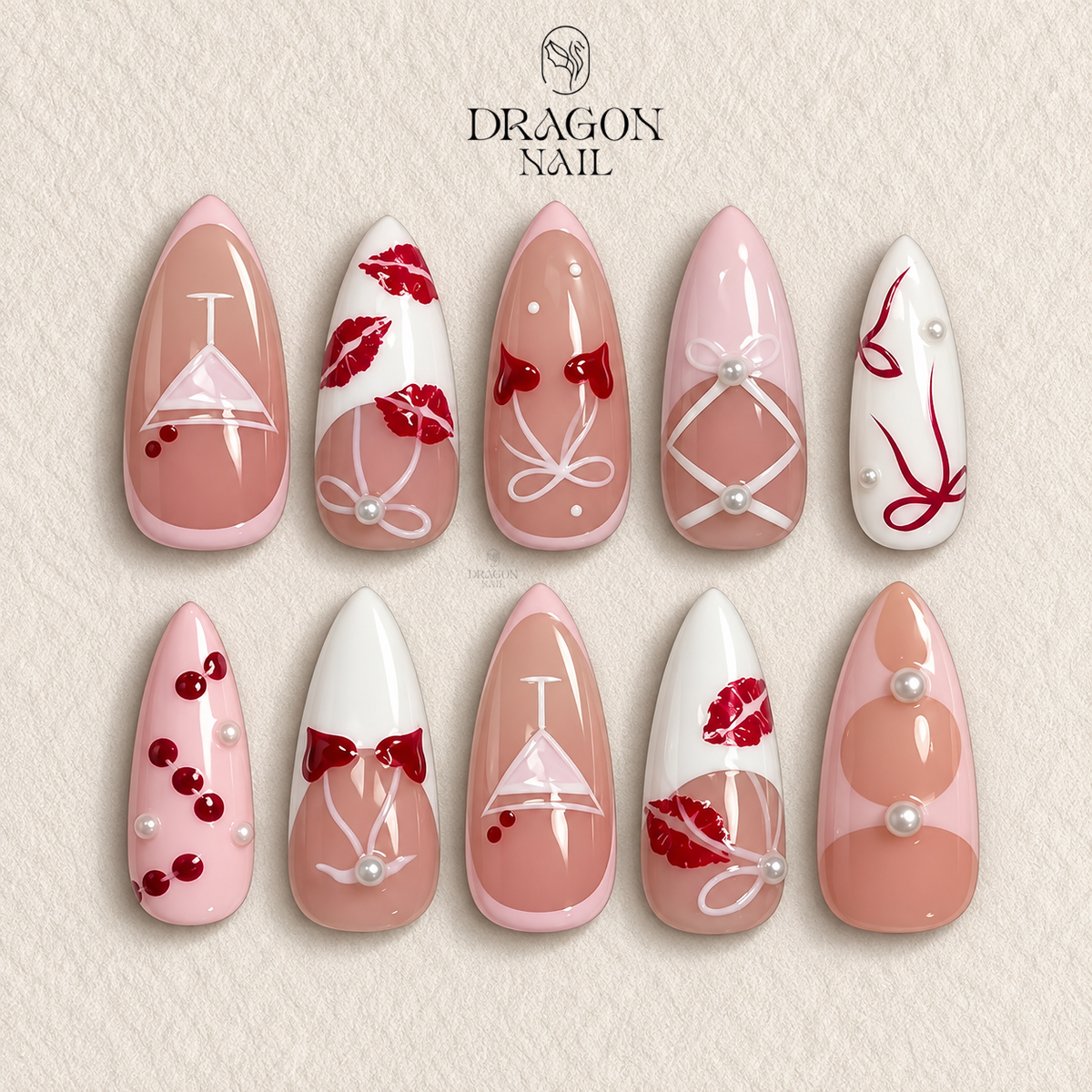 Valentine Nails, White Pink Kiss Print & Bow Heart Press-On Set, Limited Edition