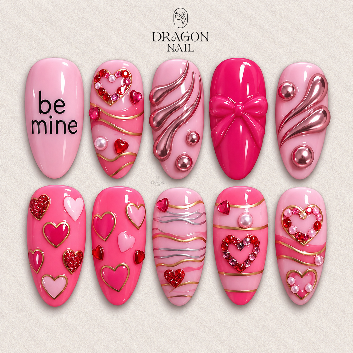 Valentine Pink Heart Press On Nails, Be Mine Love Nail Art, Handmade Romantic Pink Red Nail Set for Gift