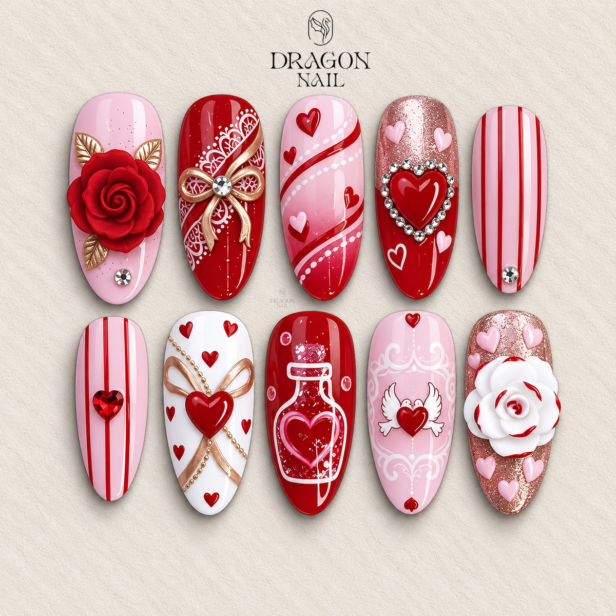 Valentine Rose Nails, Red & Pink Heart Press-On Set with 3D Flowers & Lace Details