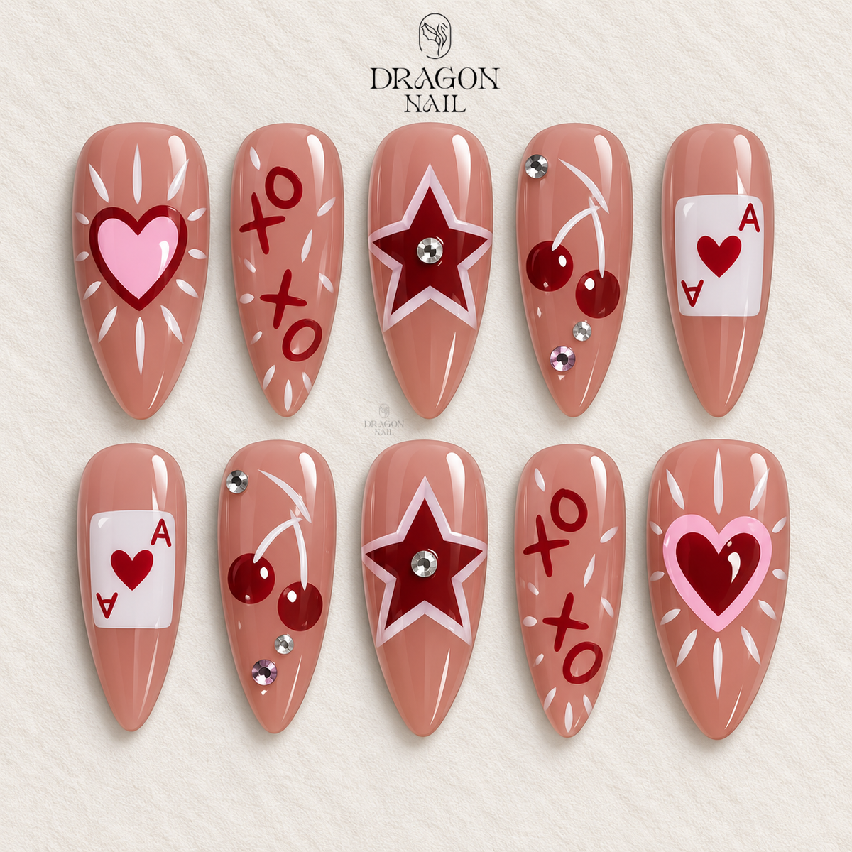 Valentine XO Nails, Cherry Star Ace Card Press-On Set, Cute Pink Red Edition Limited