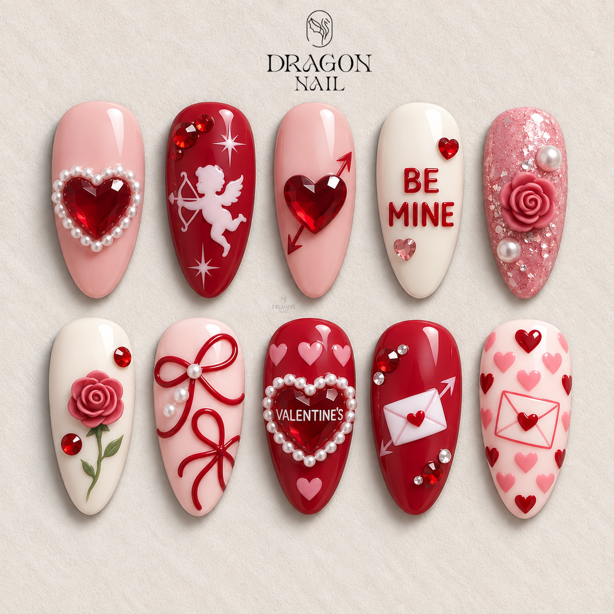 Valentine Cupid Nails, Pink Red Heart