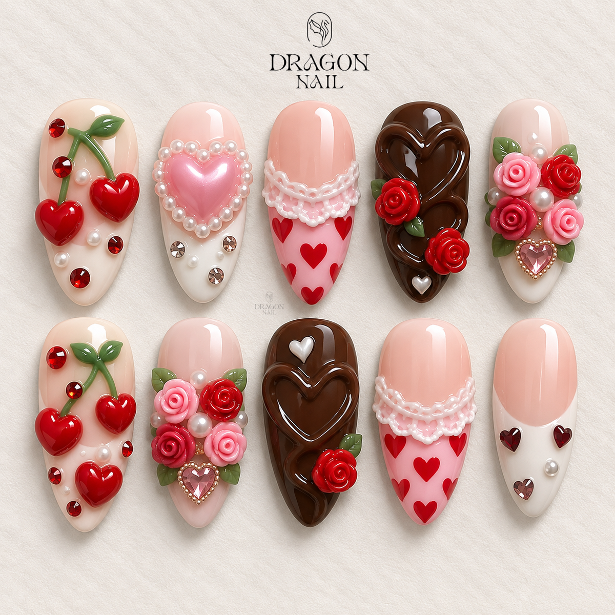 Valentine Heart & Chocolate Nails, 3D Roses Pearl Bow Press-On Set, Limited Edition