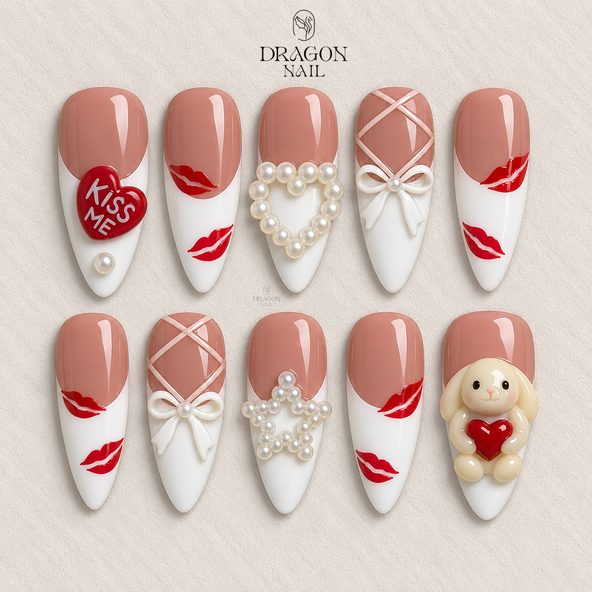 Valentine Nails, Kiss Print & Pearl Heart Press-On Set With Cute Bunny Charm, Limited Edition
