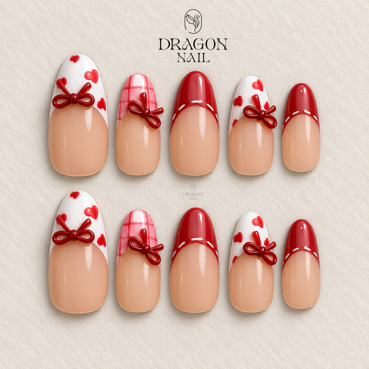 Valentine Red Bow Nails, Cute Heart Press-On Nail Set for Romantic Looks, Limited Edition