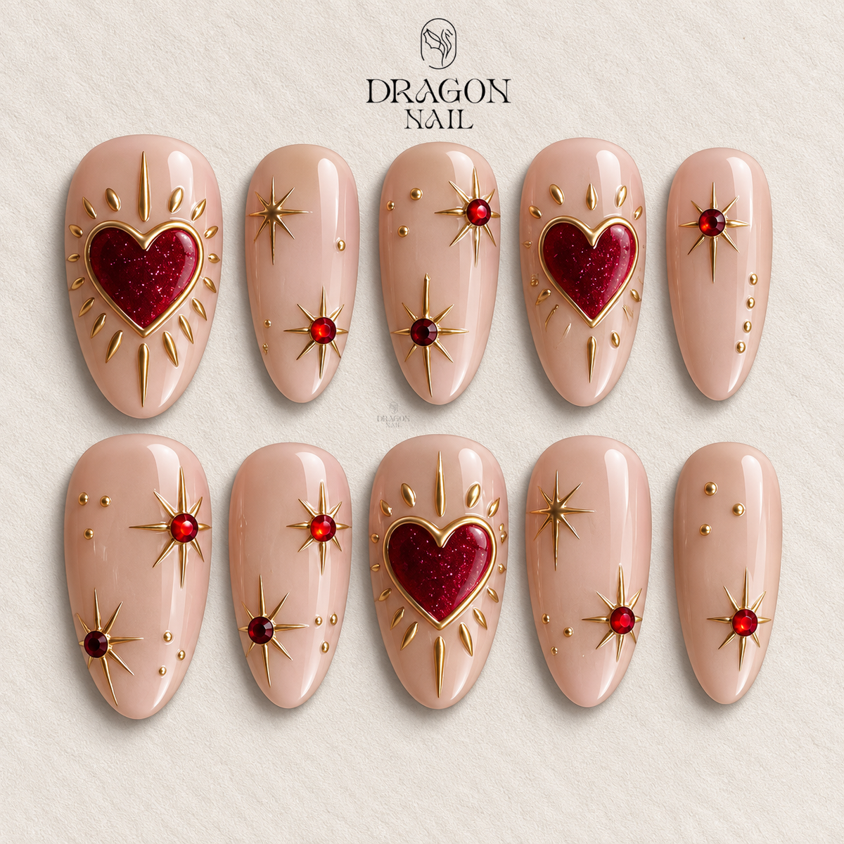 Valentine Red Gem Heart Nails, Nude Gold Sparkle Press-On Set, Limited Edition