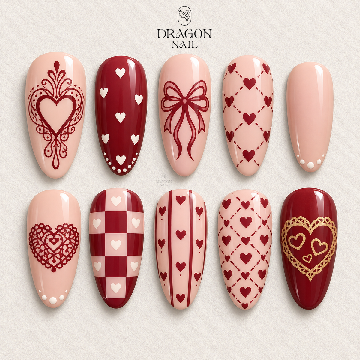 Valentine Ribbon Heart Nails, Red & Nude Press-On Set With Cute Patterns