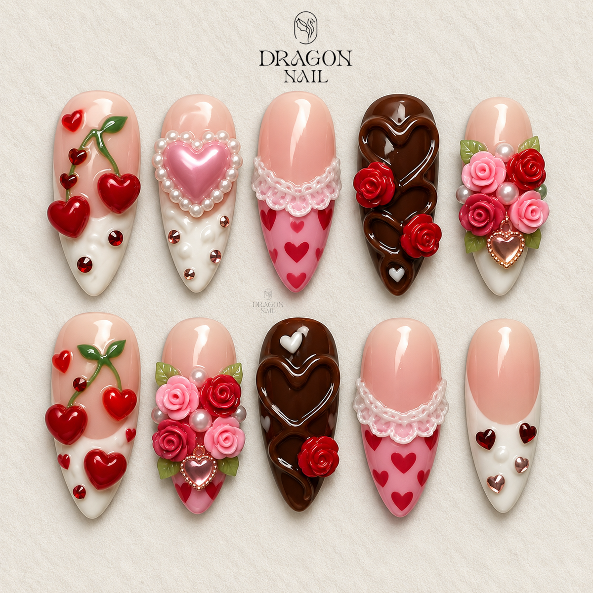 Valentine Sweetheart Nails, Cherry & Rose 3D Press-On Set for Romantic Glam, Limited Edition