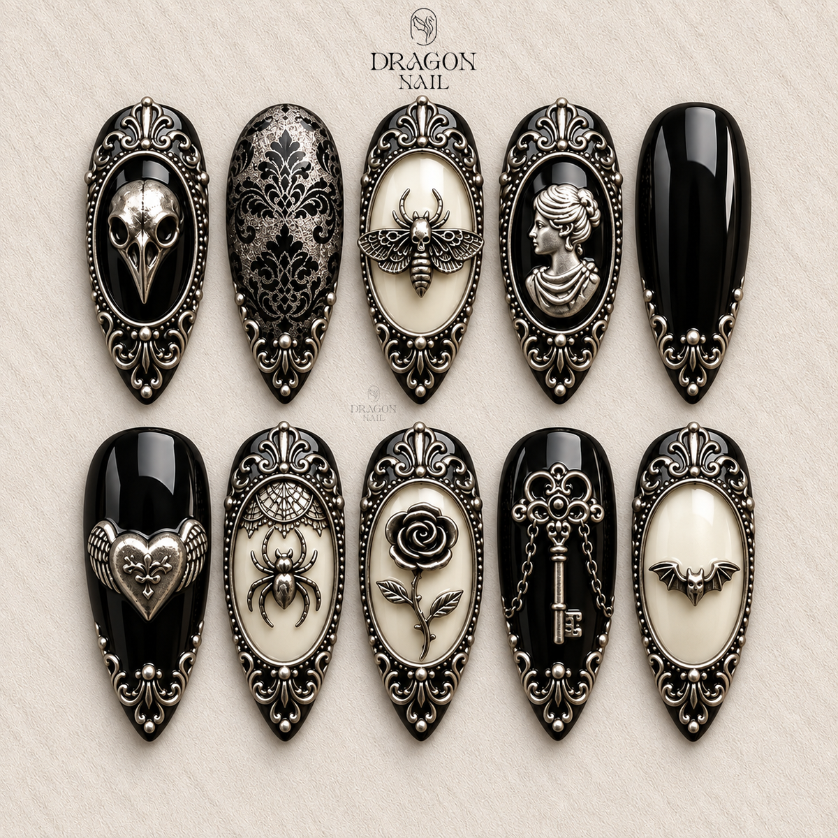 Victorian Gothic Silver Damask Raven Skull Press On Nails