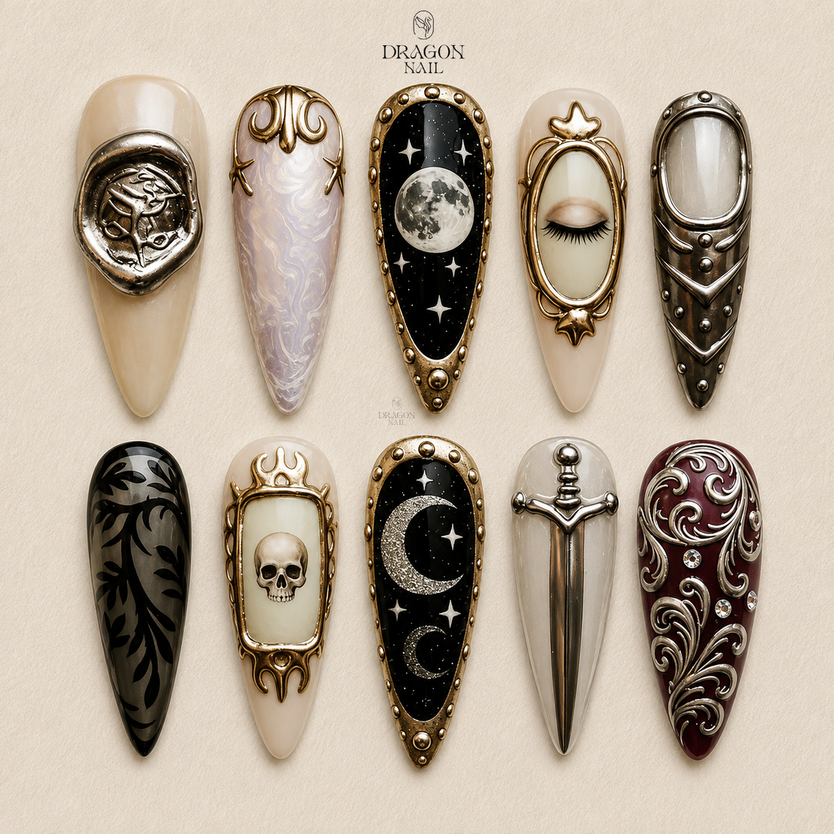 Victorian Gothic Silver Skull Moon Statement Press On Nails