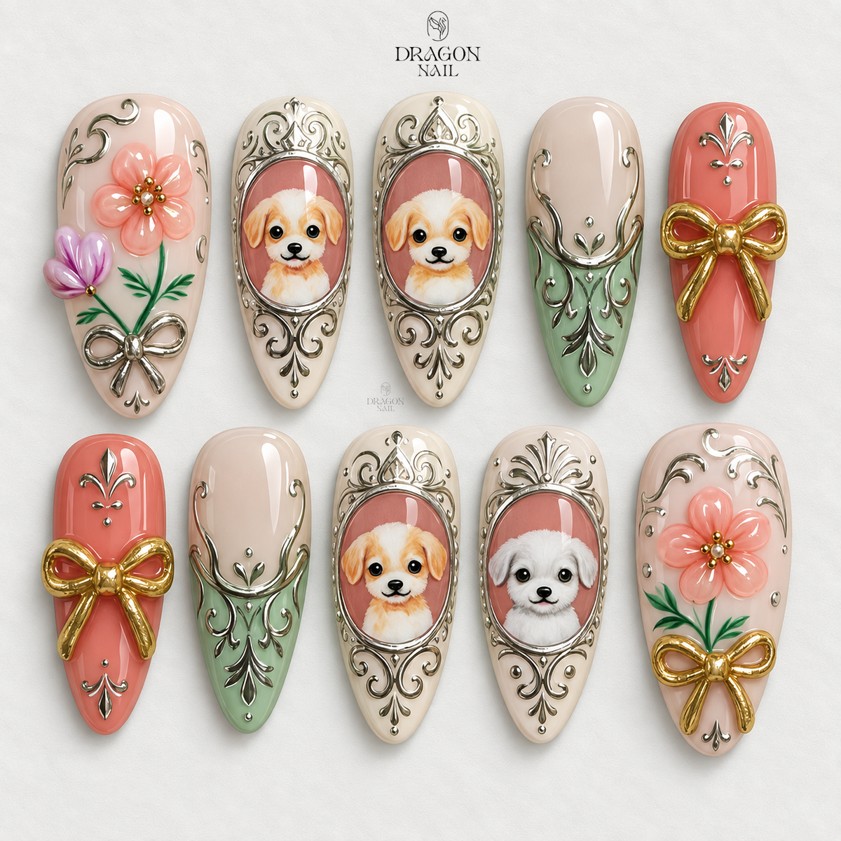 Vintage Puppy Portrait Nails Floral Bow Reusable Press-On Set
