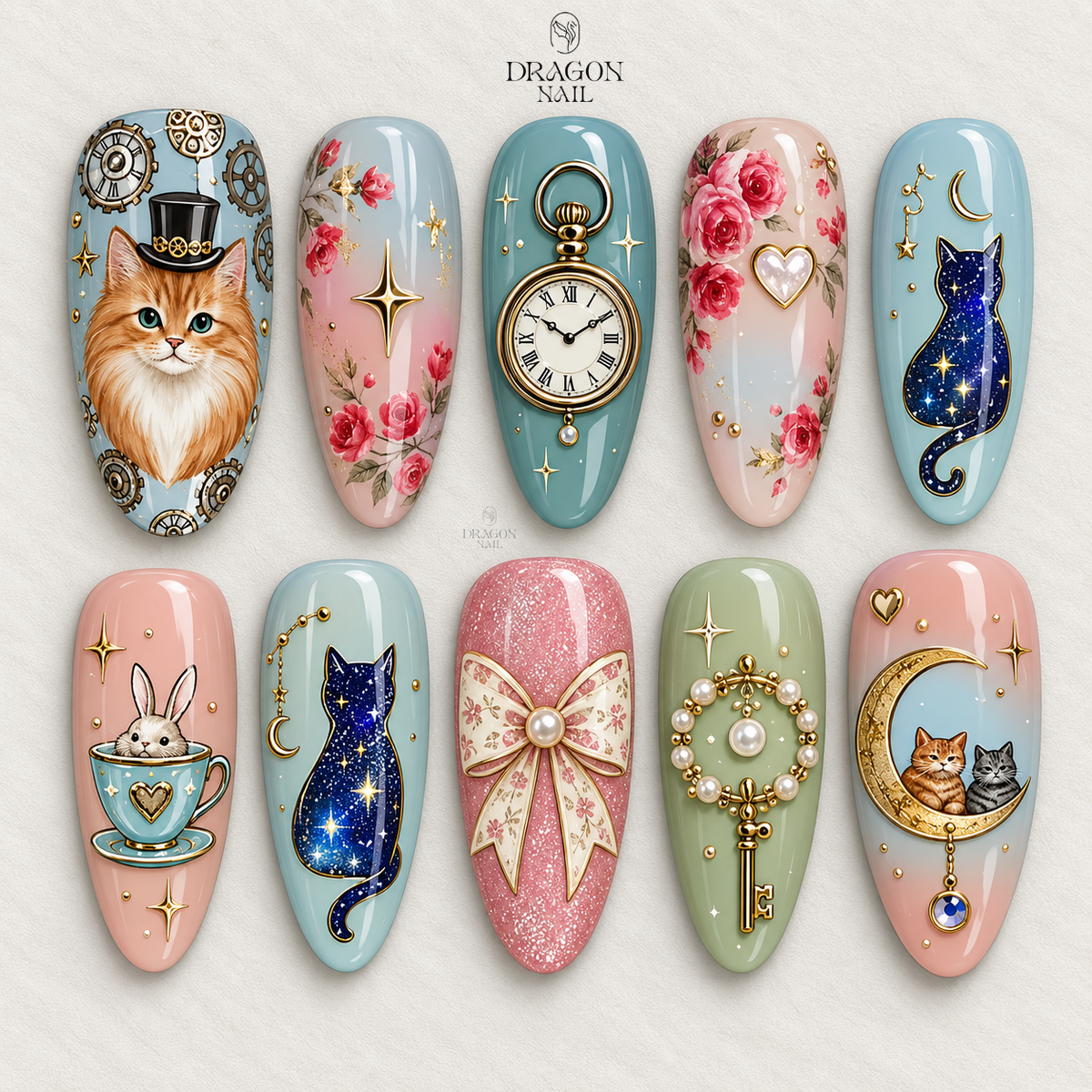 Vintage Cat Time Nails Pastel Whimsical