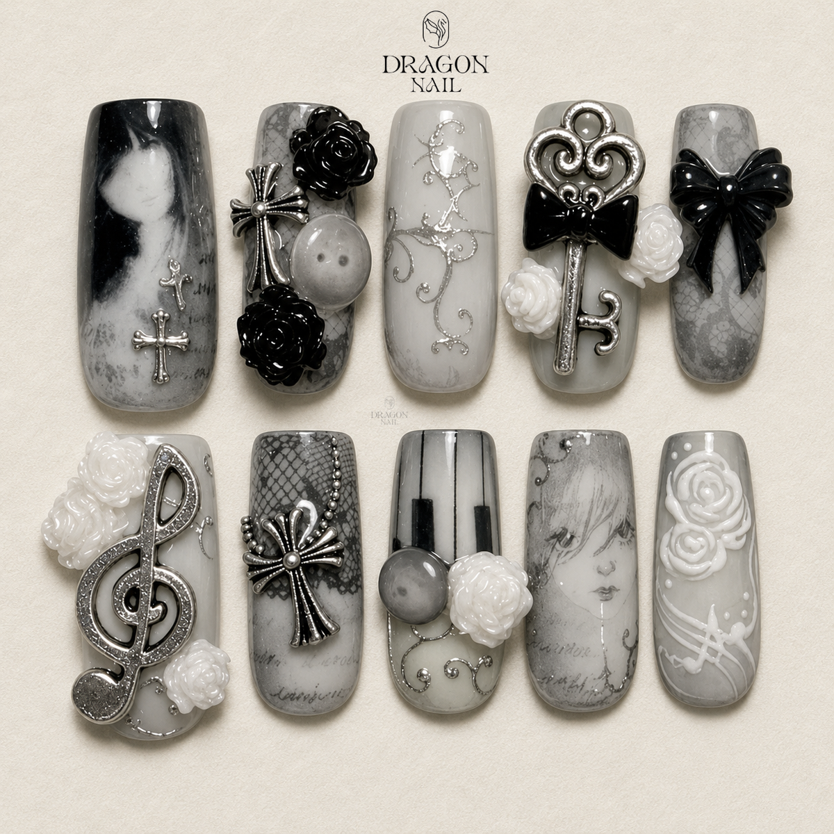 Vintage Monochrome Gothic Elegance Press On Nails