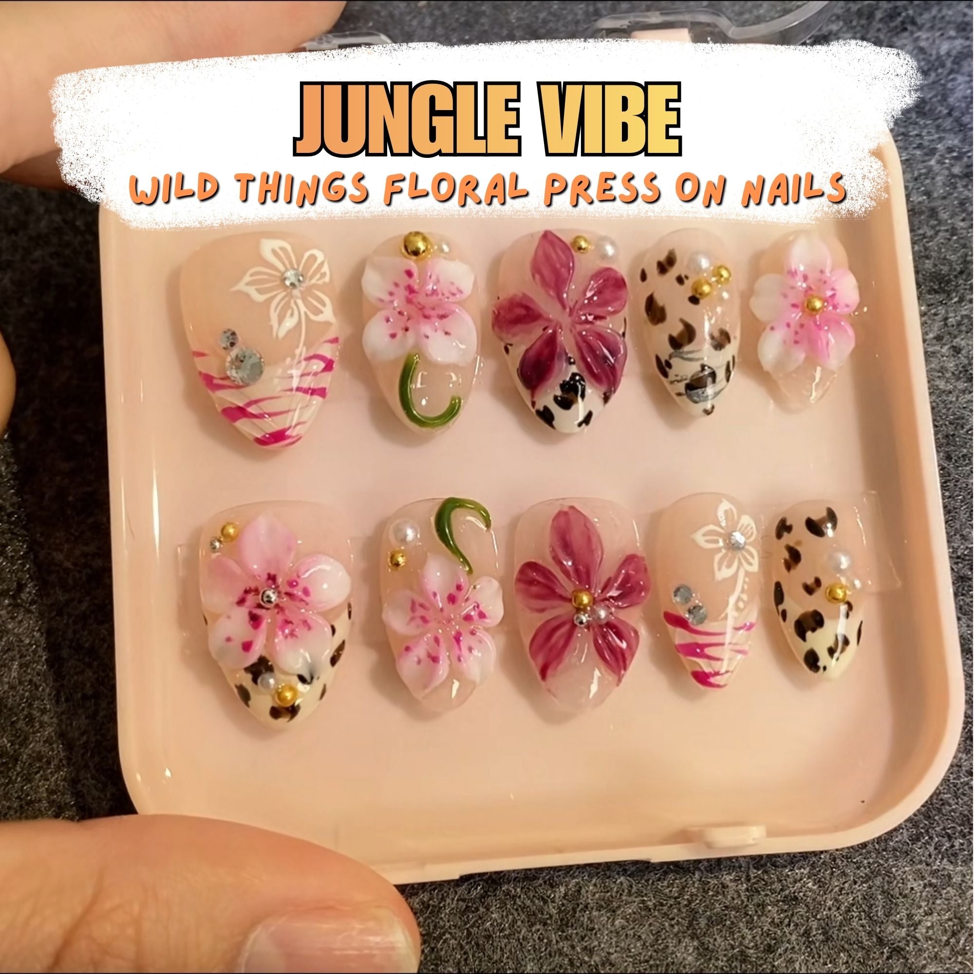 Leopard Floral Rhinestone Glam Stiletto Press On Nails