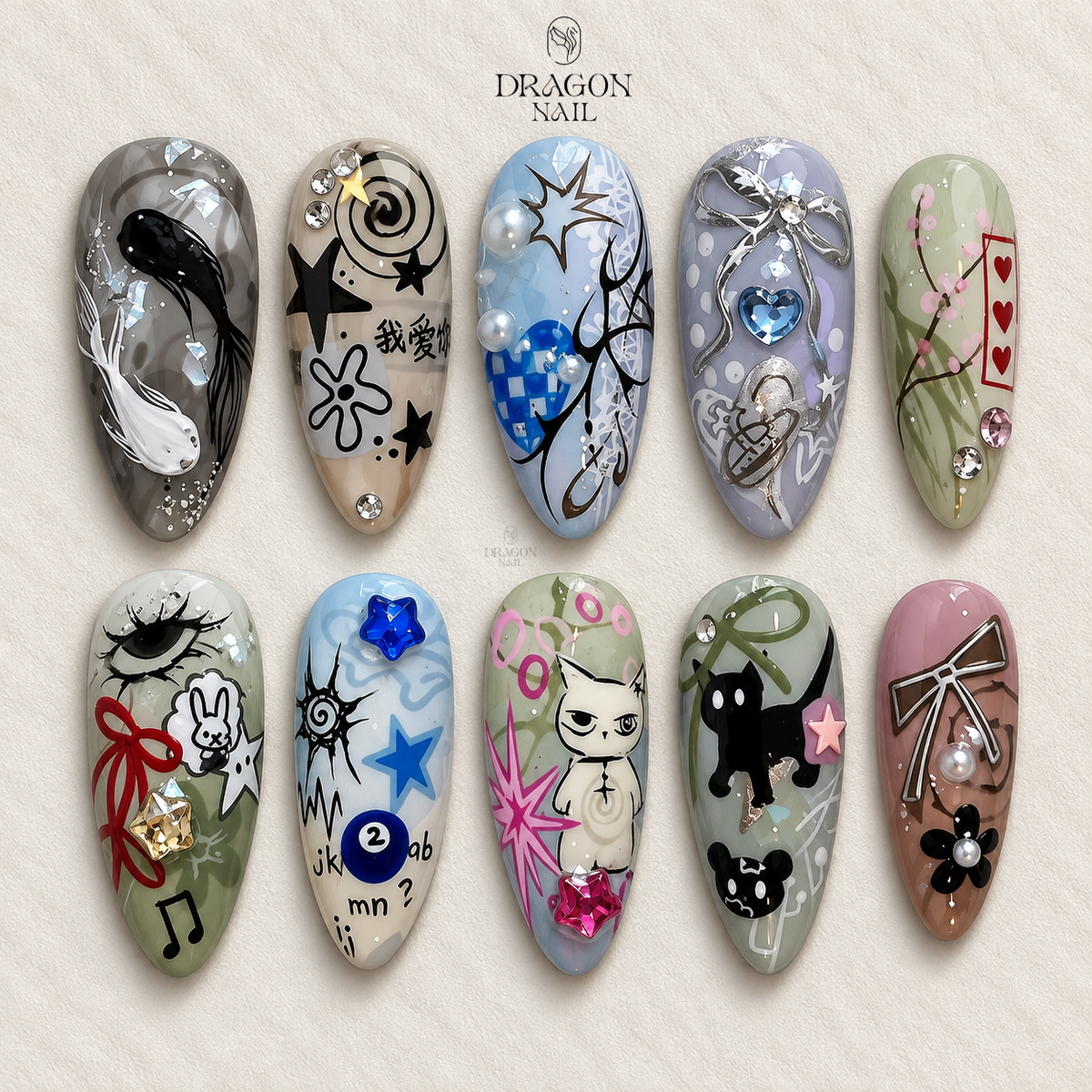 Whimsical Doodle Bunny Cat Art Almond Press On Nails