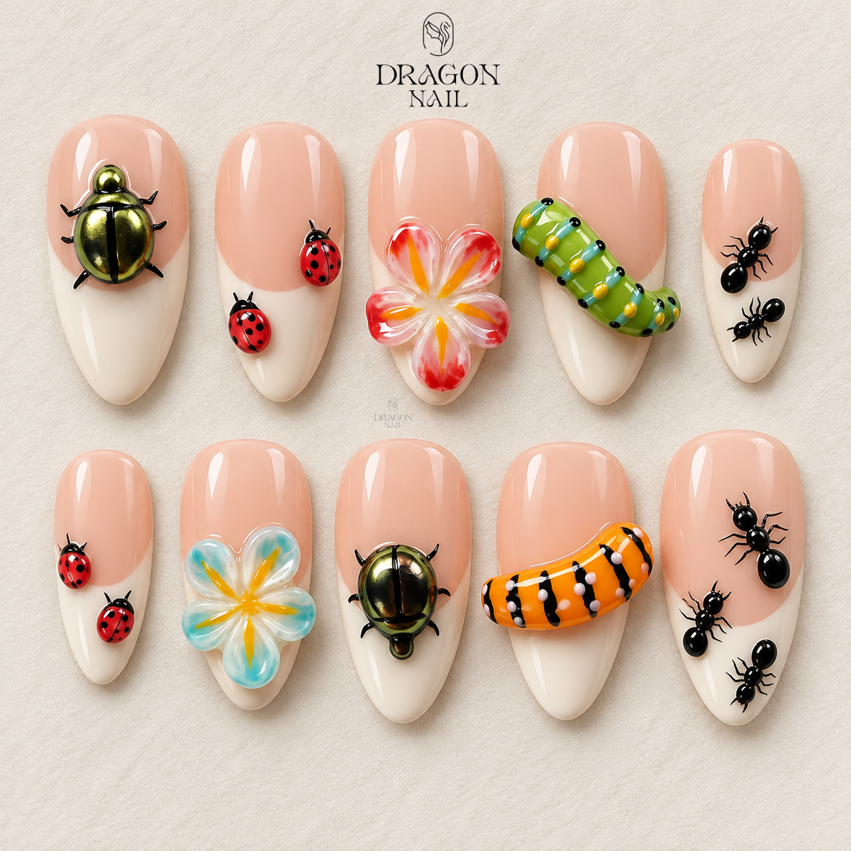 Whimsical Garden Bug Parade 3D Nature Inspired Press On Nails