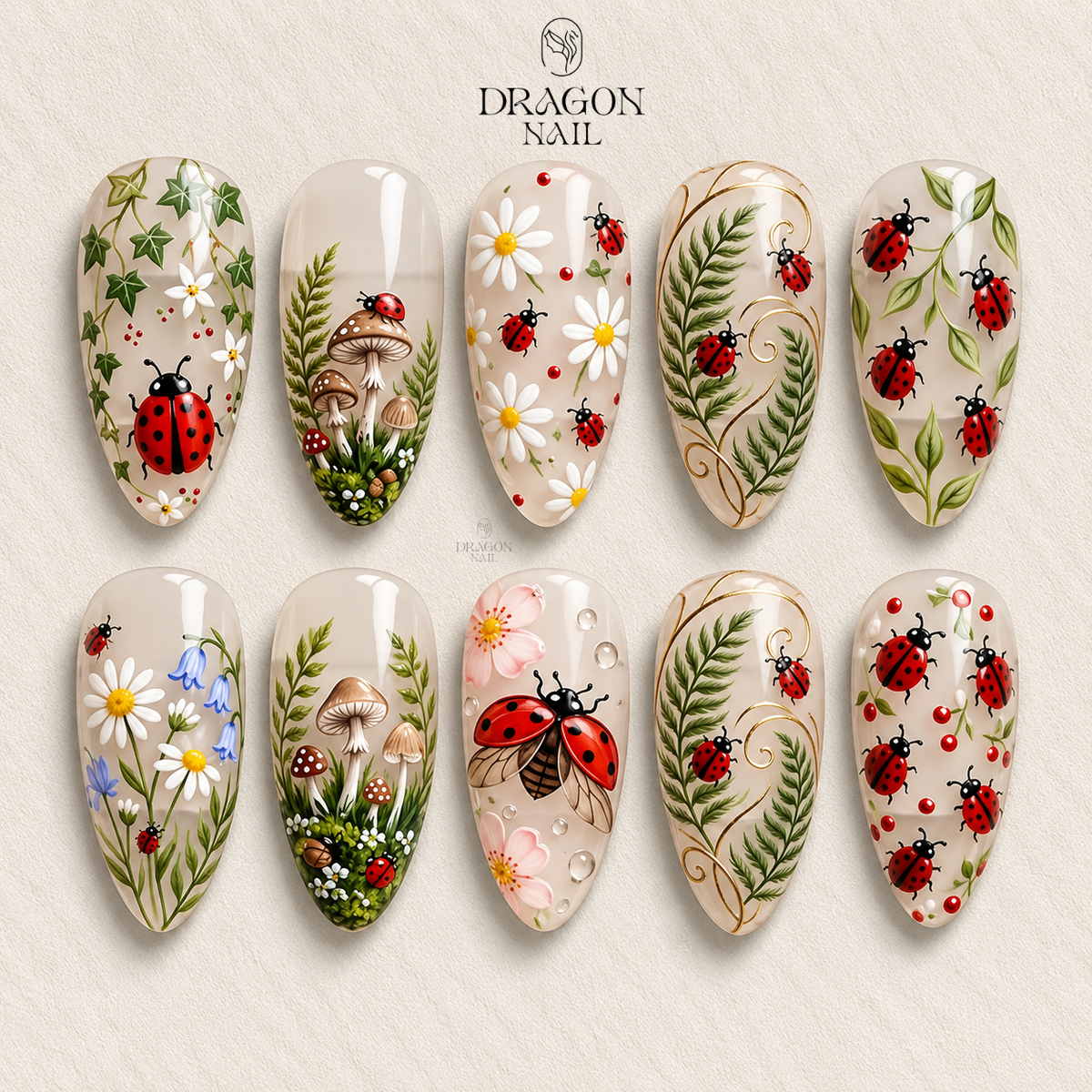 Whimsical Garden Ladybug 3D Floral Nature Press On Nails