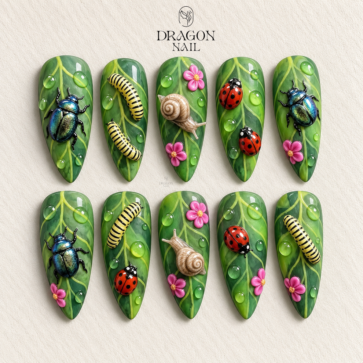 Whimsical Bug Snail Caterpillar Beetle Leaf Green Floral Press On Nails Nature Garden Set