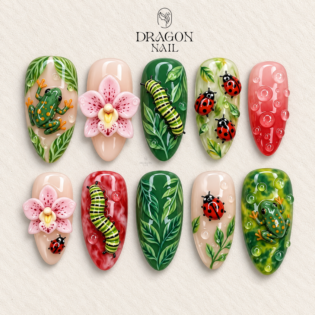 Whimsical Forest Garden Frog Floral 3D Press On Nails