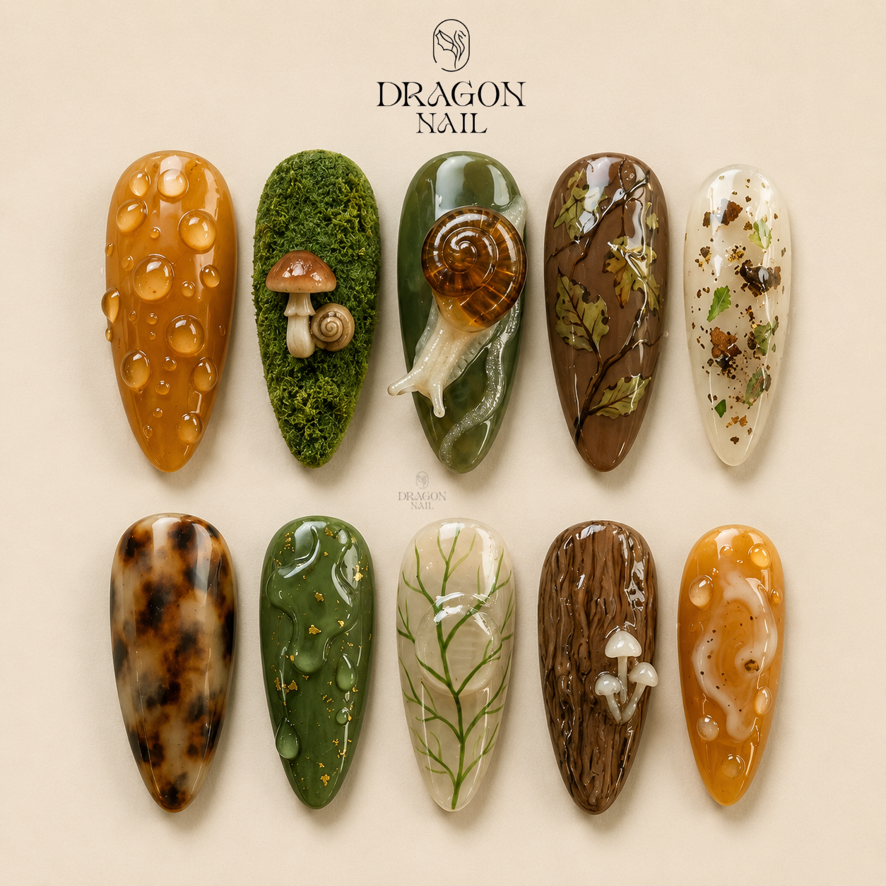 Whimsical Forest Moss Snail 3D Press On Nails