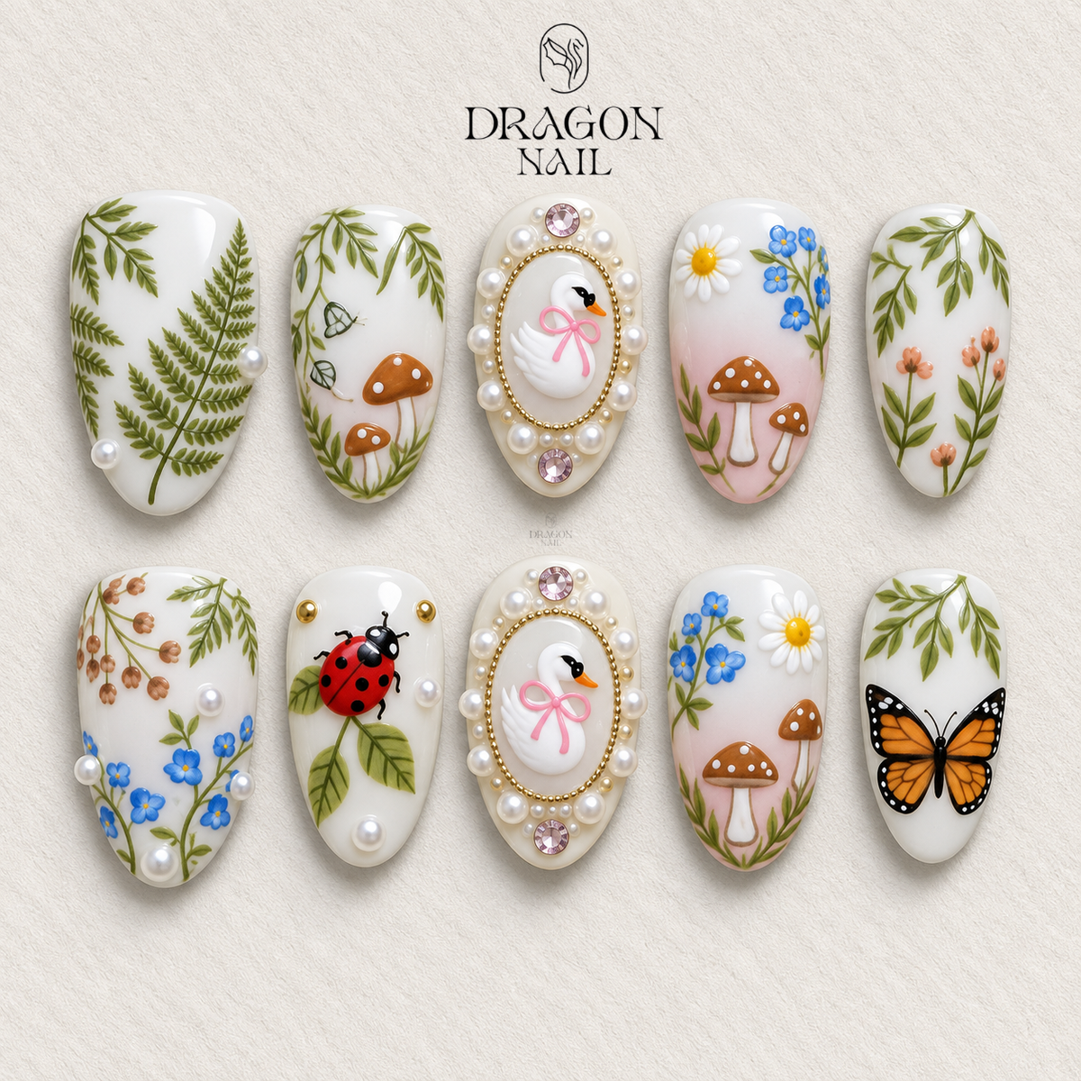 Whimsical Woodland Mushroom Butterfly Floral Press On Nails