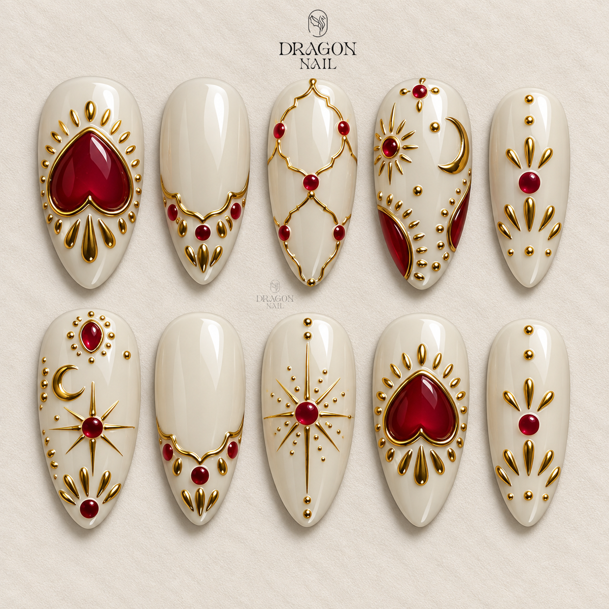 White and Gold Vintage Nails, Red Heart and Celestial Art Press-On Set, Limited Edition