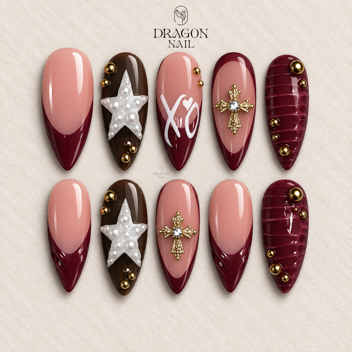 XO Valentine Nails, Burgundy Chocolate Star