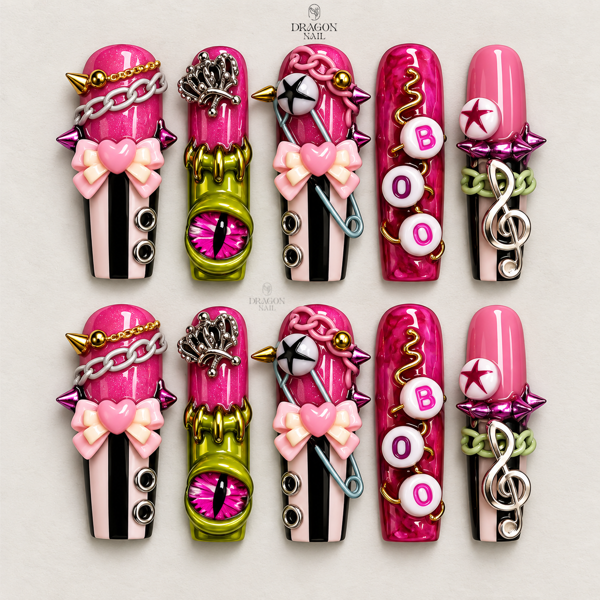 Y2K Candy Gothic Press-On Nails, Pink Punk 3D Charm Nail Art Set, Limited Edition