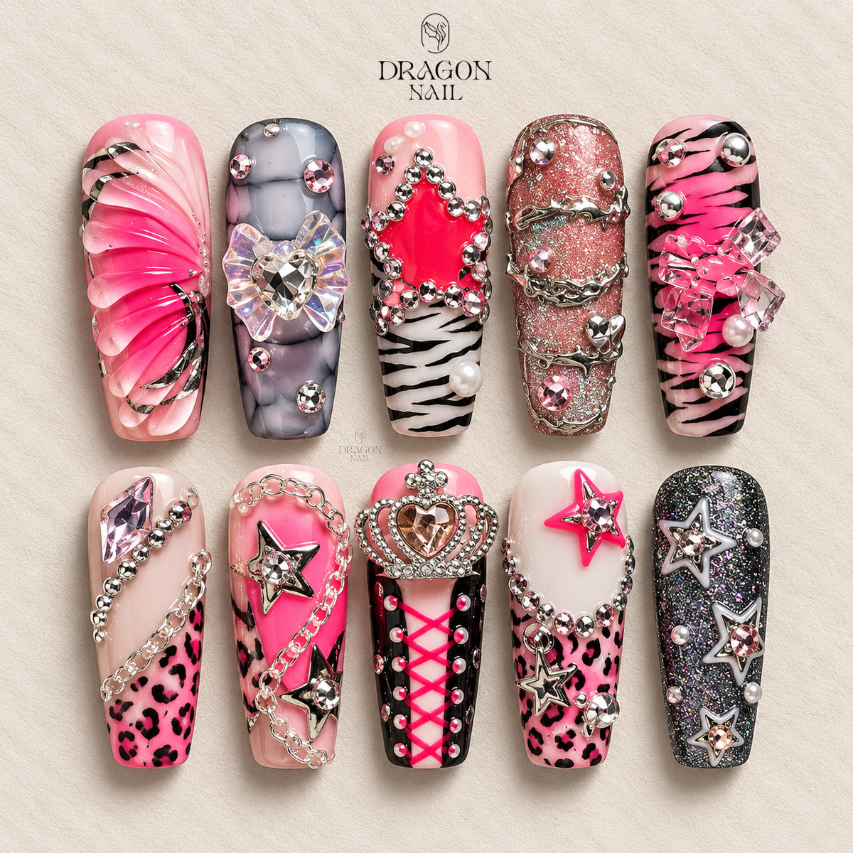 Y2K Glam Chrome Heart Statement Press On Nails