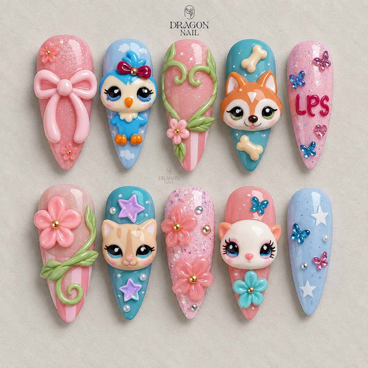 Y2K Kawaii 3D Cute Animal Charm Press On Nails