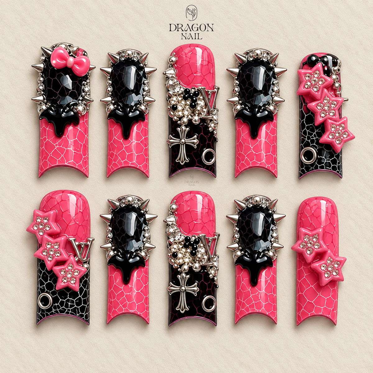 Y2K Leopard Punk Press-On Nails, 3D Spikes Chains Statement Set, Limited Edition
