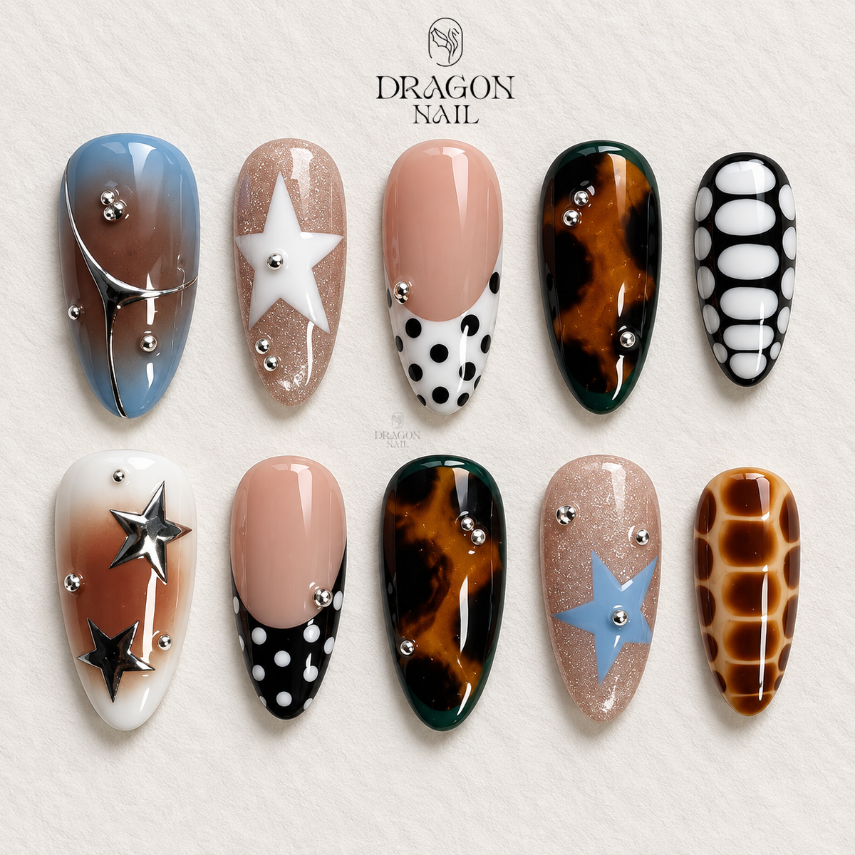 Y2K Tortoise Polka Dot Star Aura Press On Nails