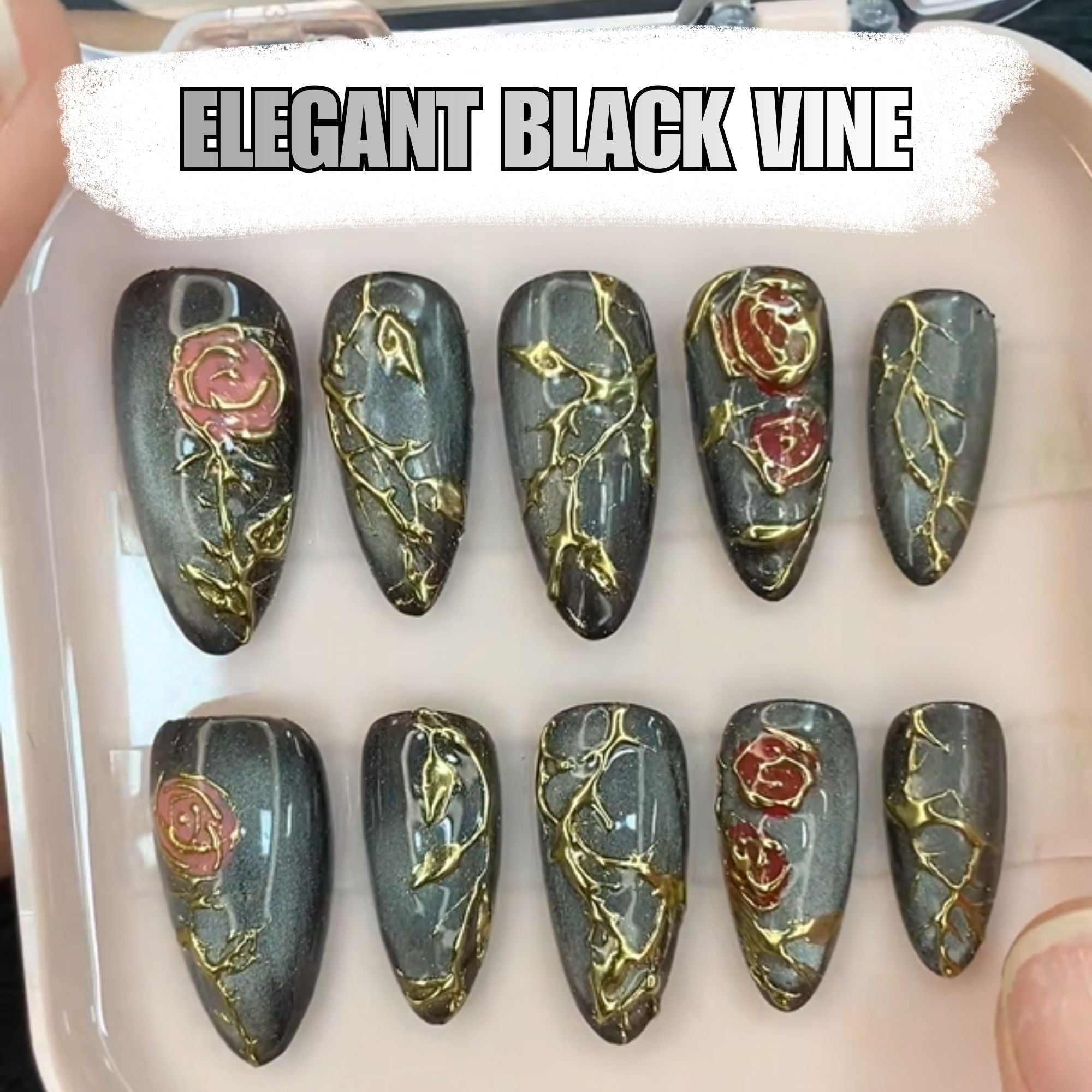 Gothic Black Rose Smoky Gold Press On Nails