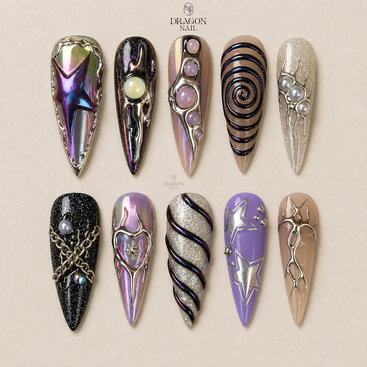 Y2K Iridescent Heart Metallic Spiral Gothic Press On Nails