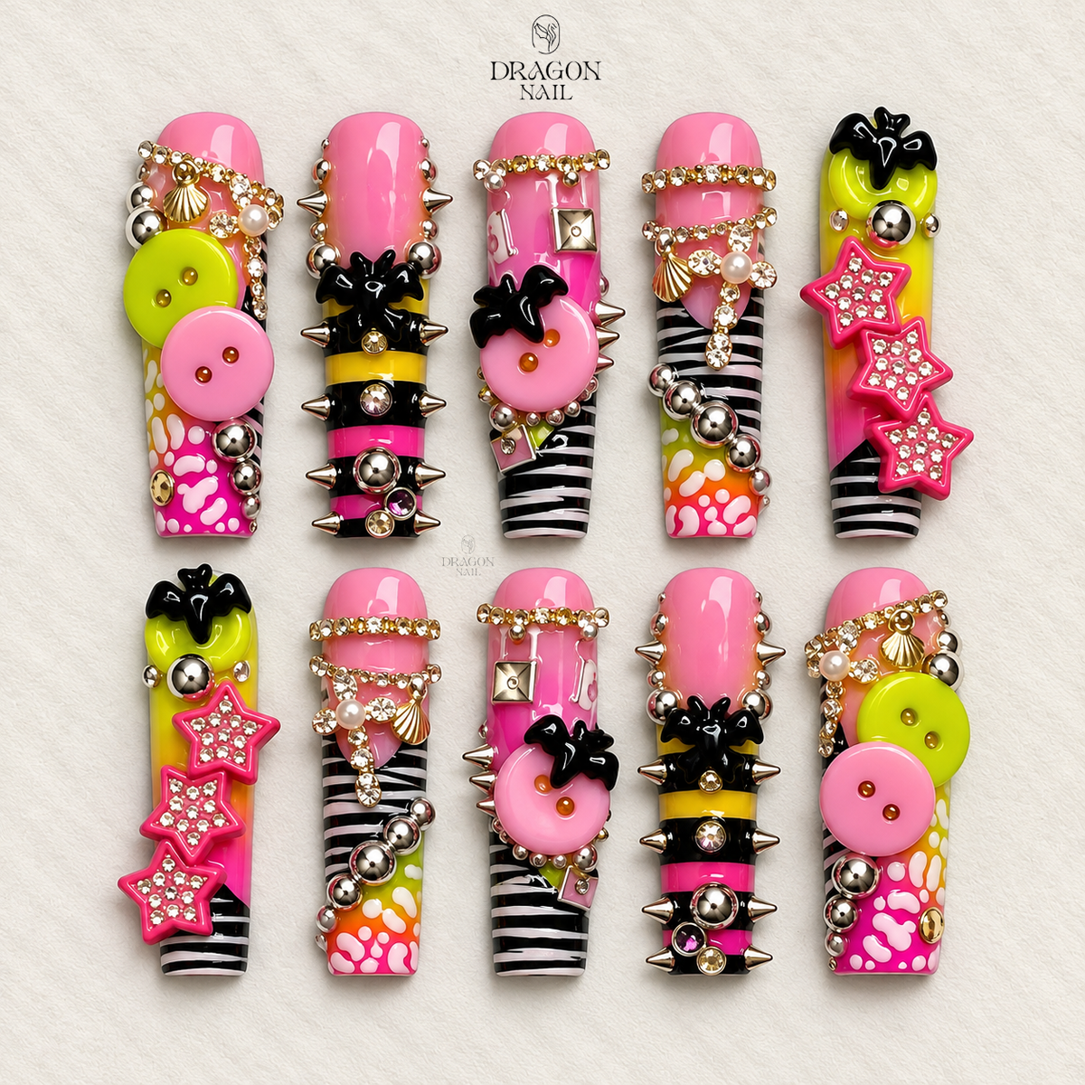 Y2K Pink Punk Press-On Nails, 3D Buttons Spikes Zebra Stripes Statement Set, Limited Edition