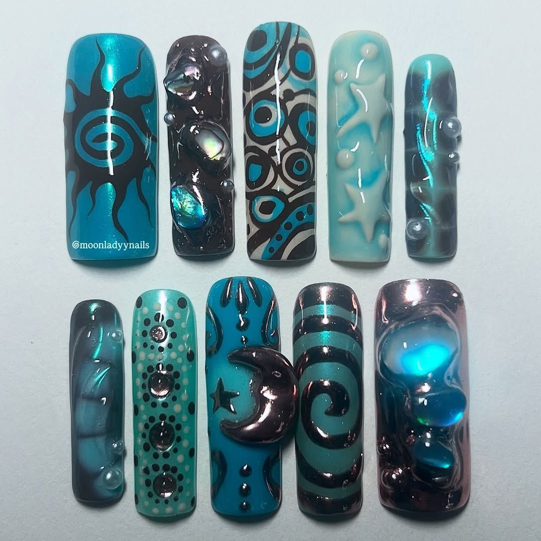 Blue Marble Gold Foil Abstract Luxury Press On Nails