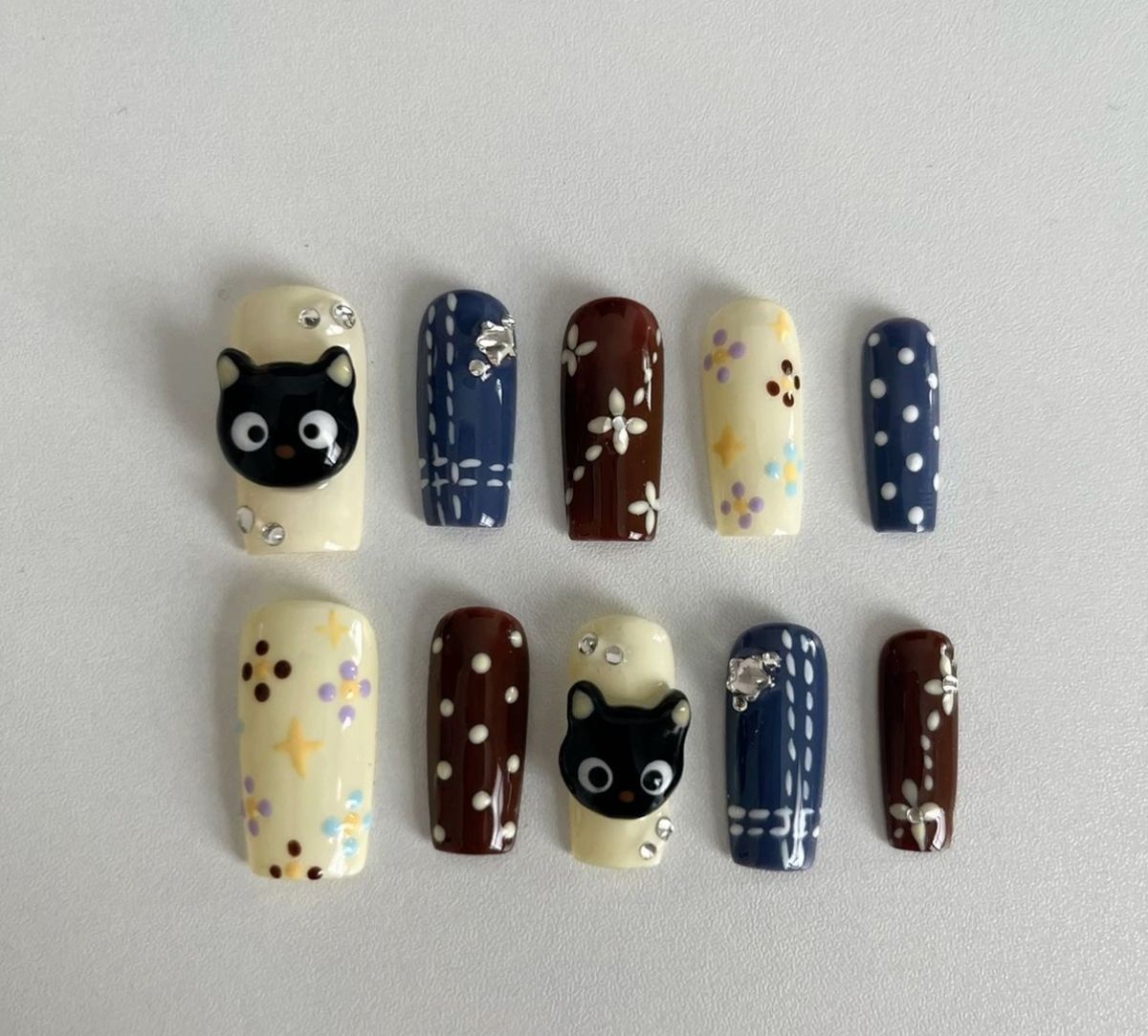 Kawaii Black Cat Press On Nails Cute Polka Dot Set