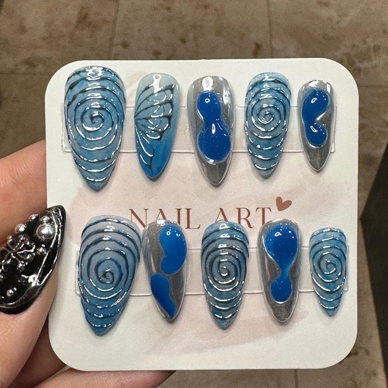 Blue Silver Chrome Sleek Acrylic Press On Nails