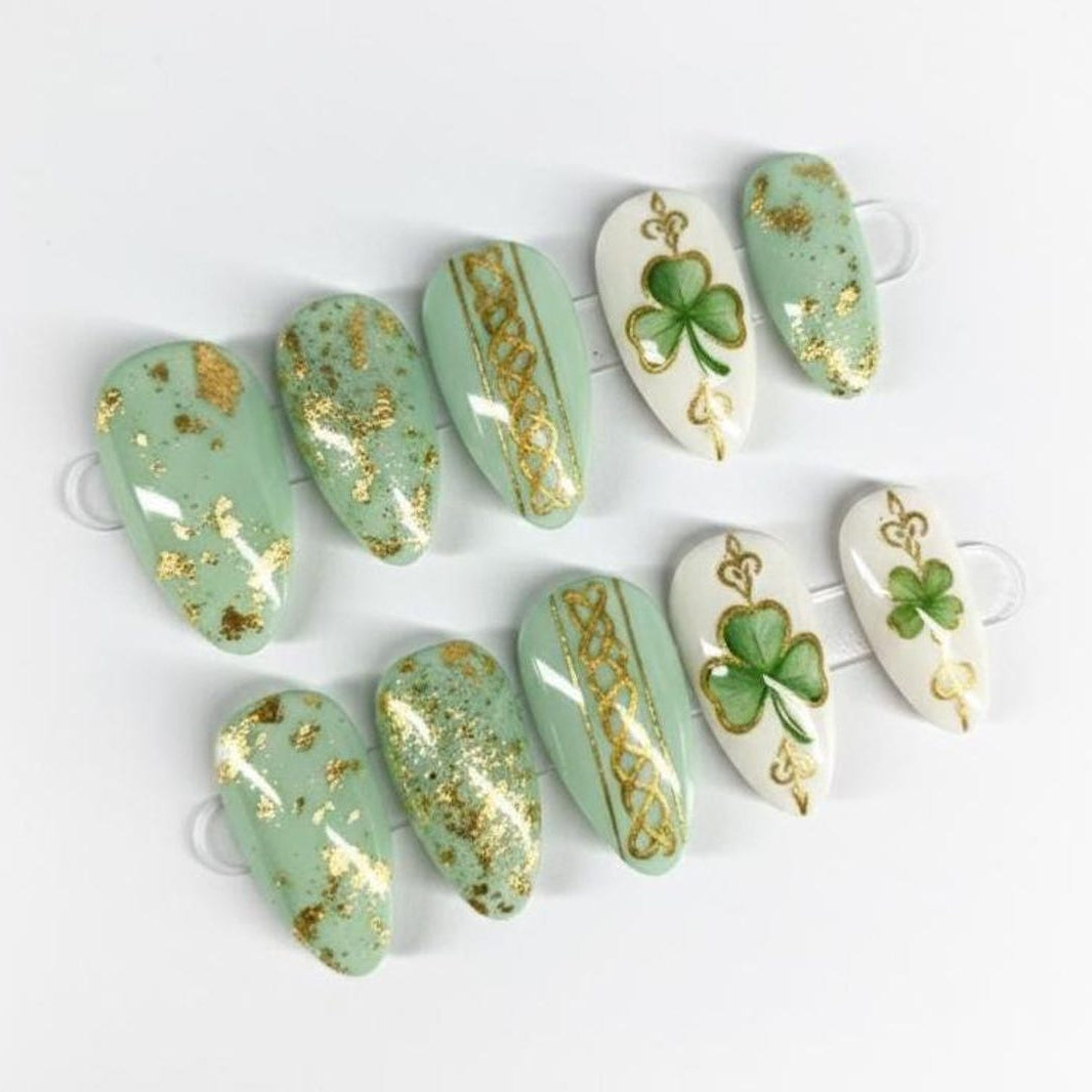 St Patrick’s Day Press On Nails, Green Clover Nails, Gold 3D Bow Emerald Nail