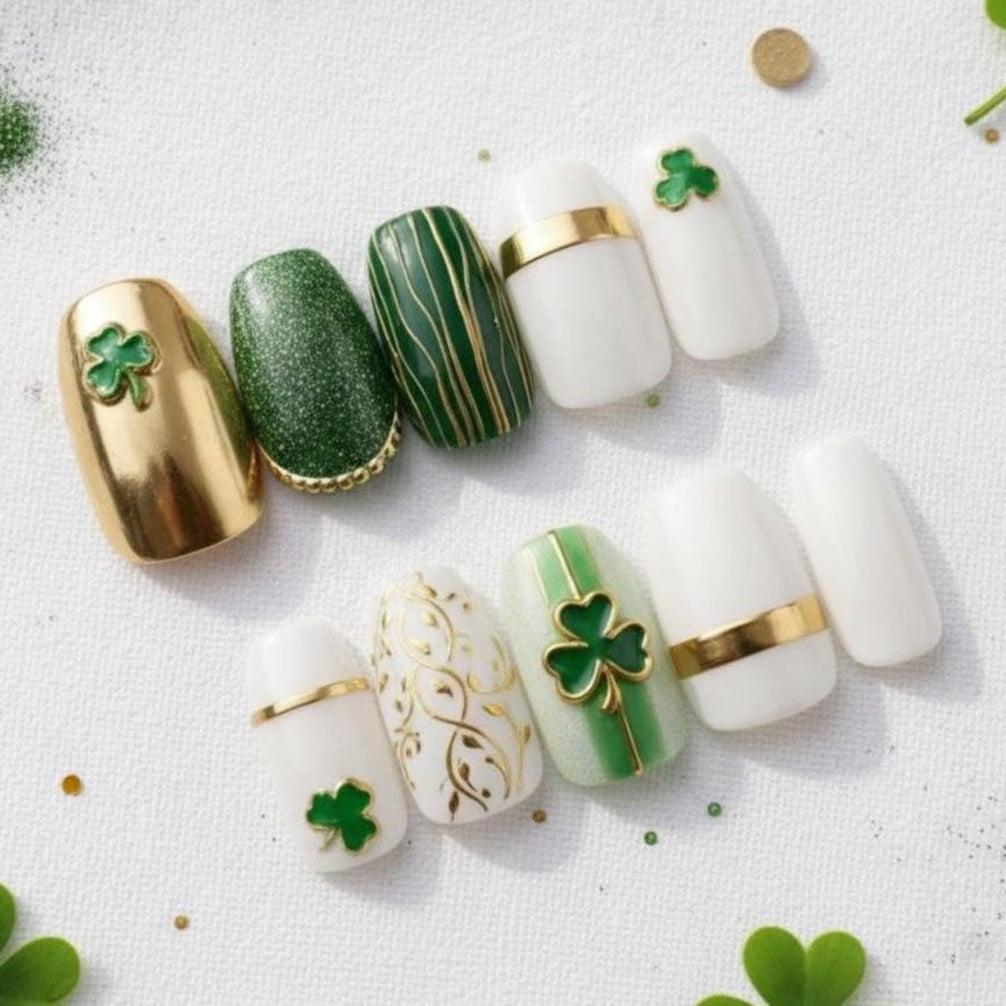 Hand-Painted Clover Press On Nails: 3D Gold St. Patrick's Day Art