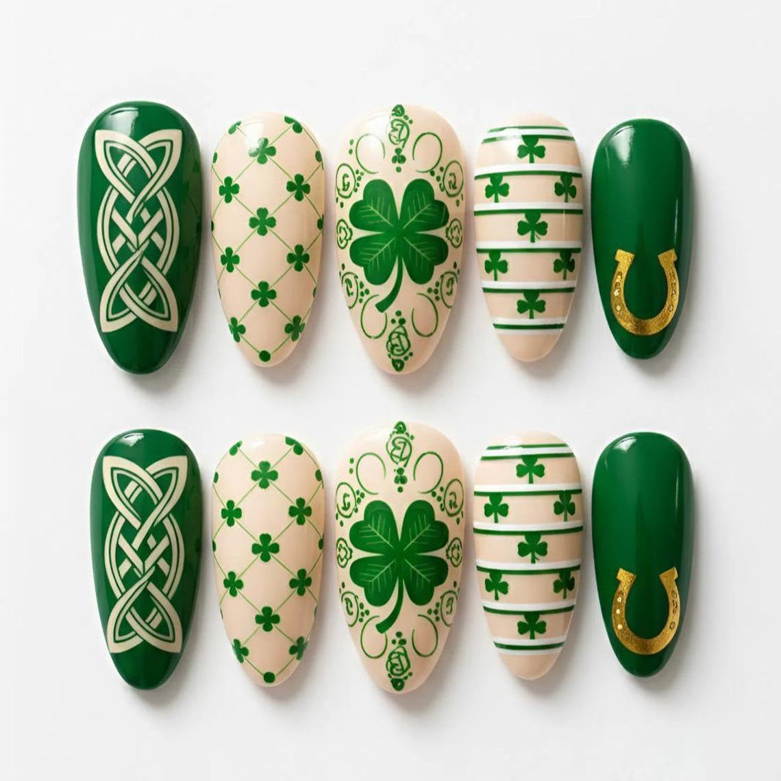 St Patrick’s Day Press On Nails, Green Clover Nails, Shamrock Bow Nails