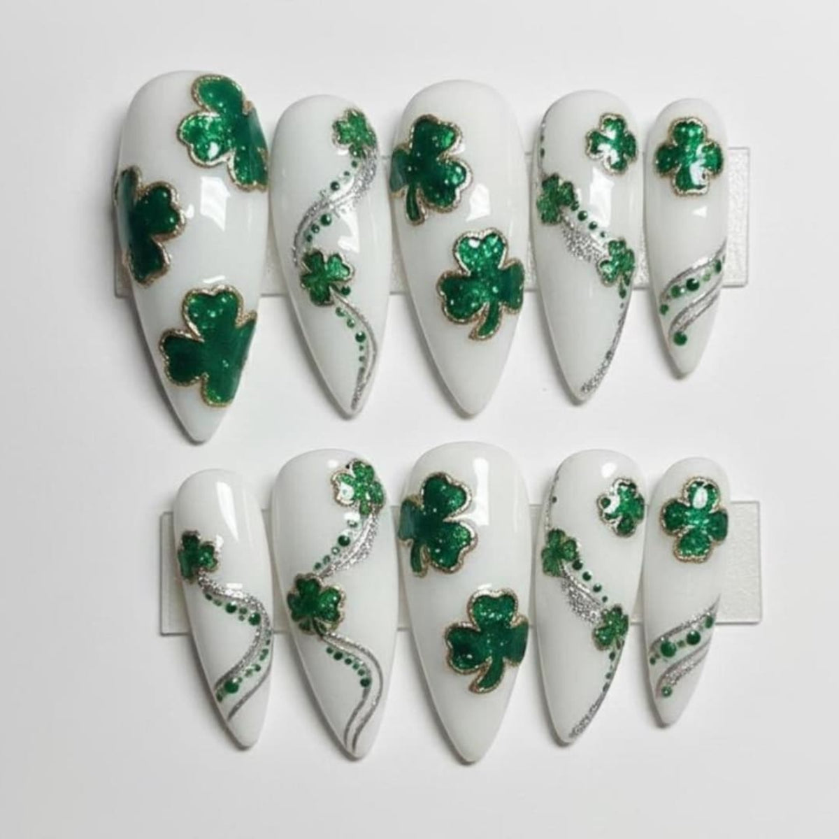Hand-Painted Clover Press On Nails: 3D Gold St. Patrick's Day Art