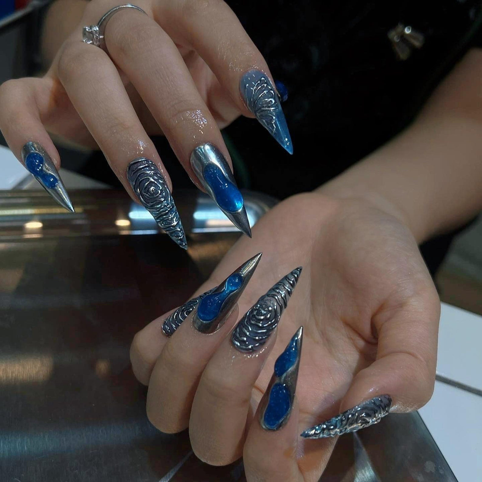 Blue Silver Chrome Sleek Acrylic Press On Nails