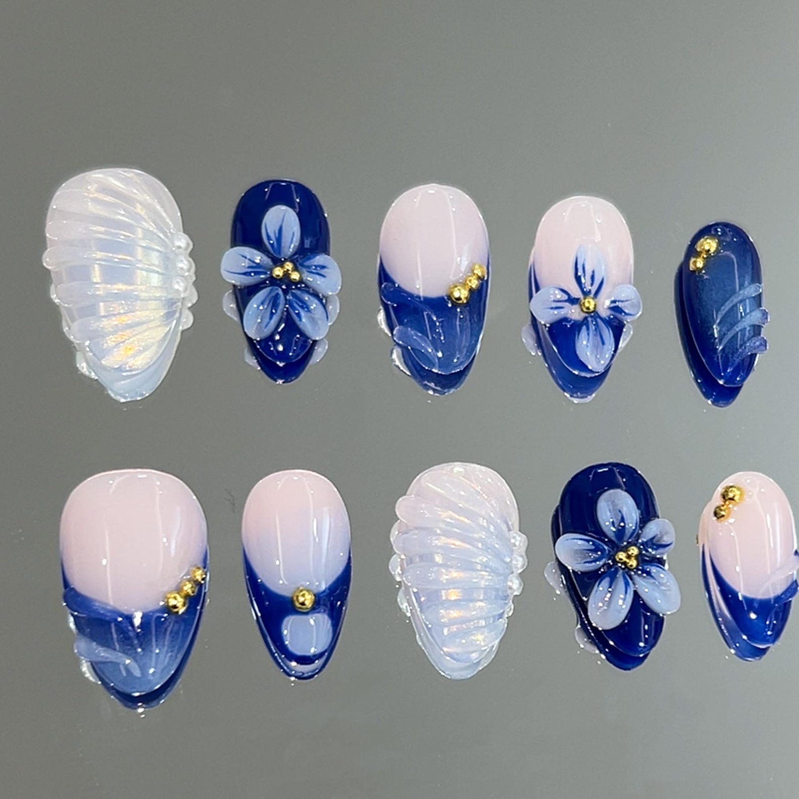 Blue French Tip Floral 3D Elegant Press On Nails