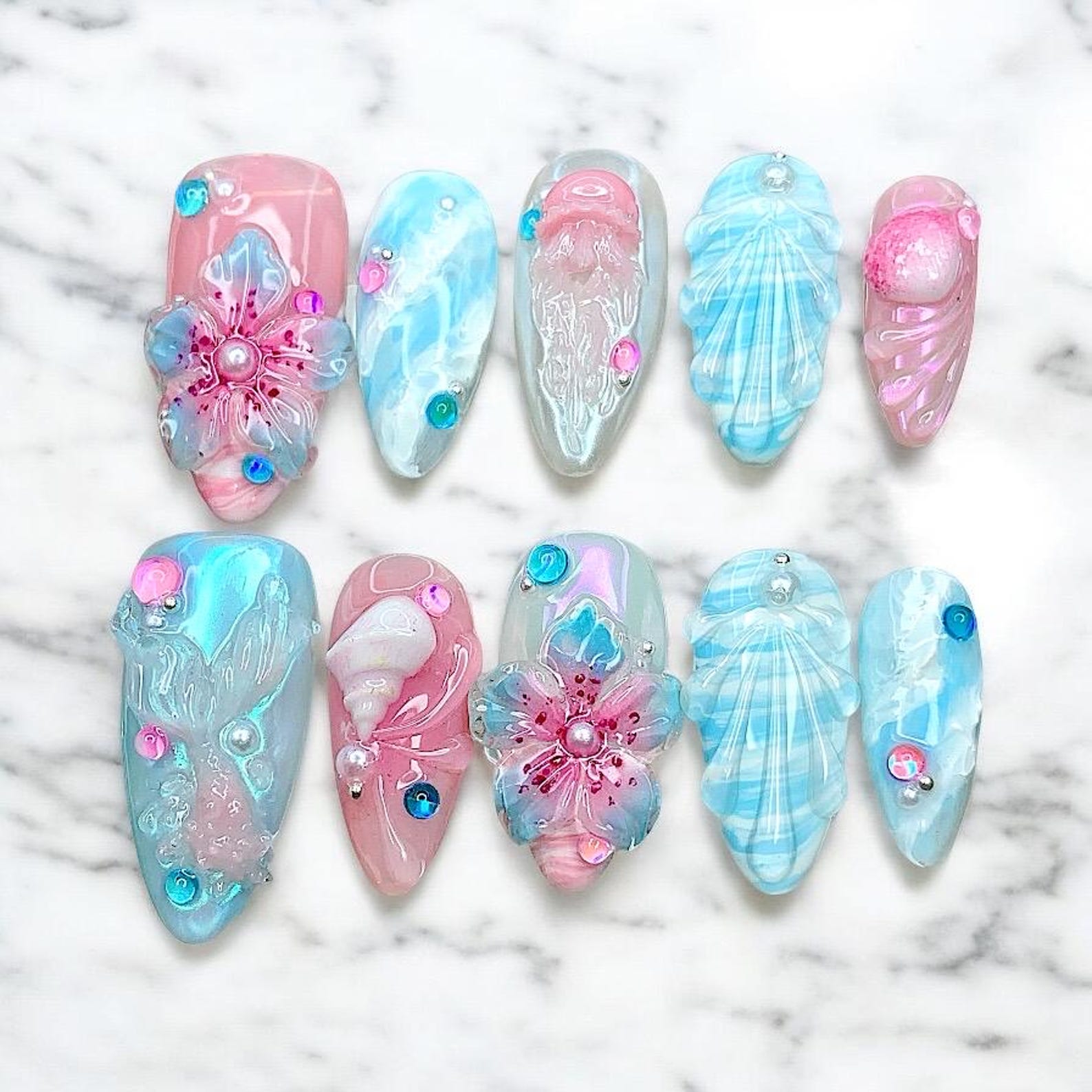 Pastel Ocean Shell Pearl 3D Summer Press On Nails