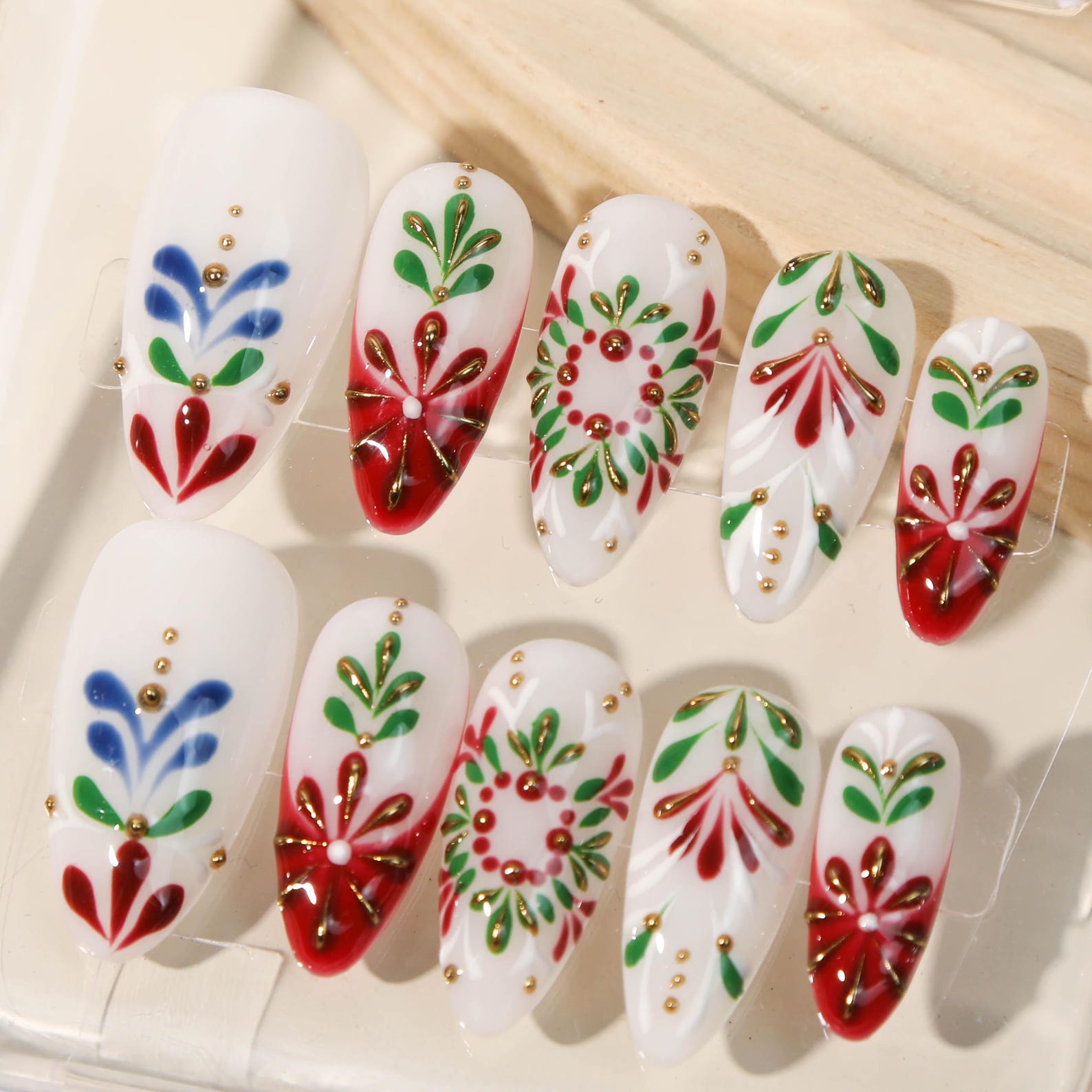 Emerald Green Gold Accent Elegant Almond Press On Nails