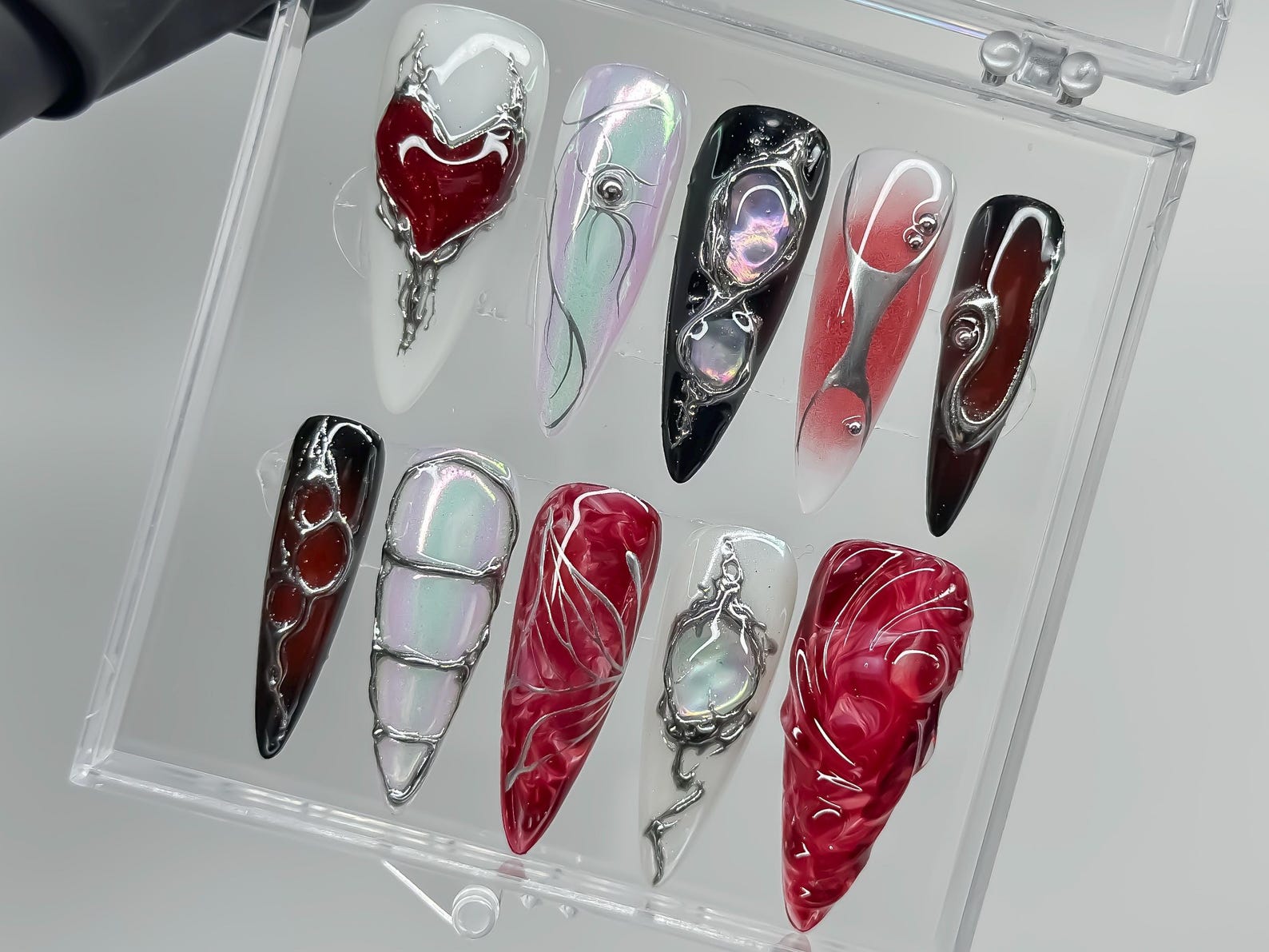 Dark Red Heart Chrome Gothic Stiletto Press On Nails
